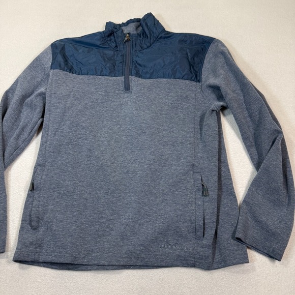 Eddie Bauer Mens L Gray 1/4 Zip Pullover Jacket Blue Nylon Yoke Heather Outdoor - Picture 1 of 7